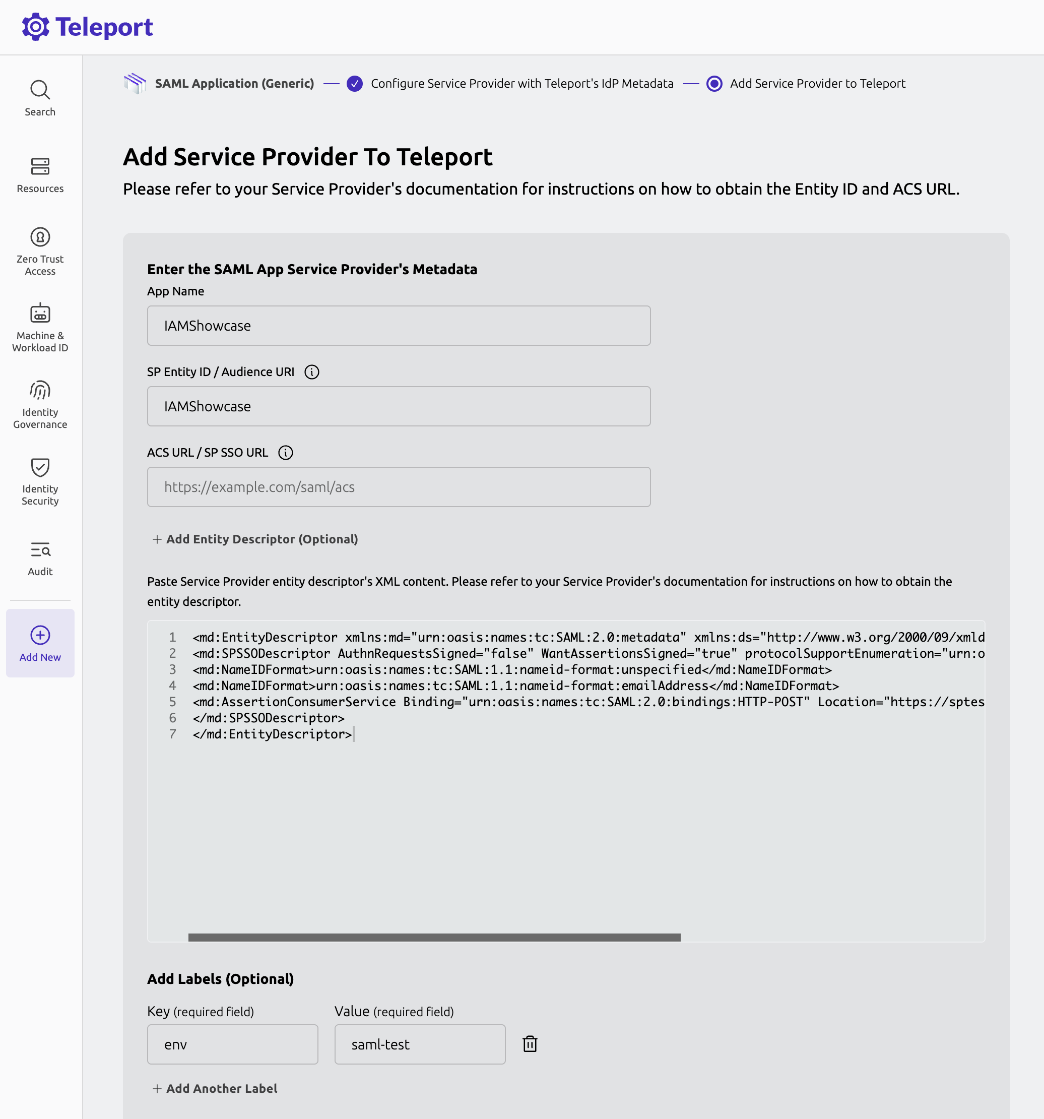 add service provider with entity descriptor